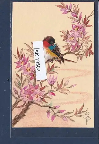 [Ansichtskarte] Karte Handgemalt signiert Vogel auf einem Ast. 