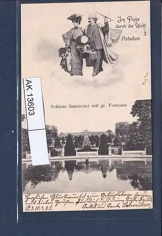 [Ansichtskarte] AK Im Fluge durch die Welt Potsdam Schloss Sanssouci mit gr. Fontaine 1905. 