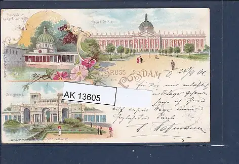 [Ansichtskarte] AK Litho Gruss aus Potsdam 3.Ansichten Mausoleum Kaiser Friedrich - Orangerie I 1901. 