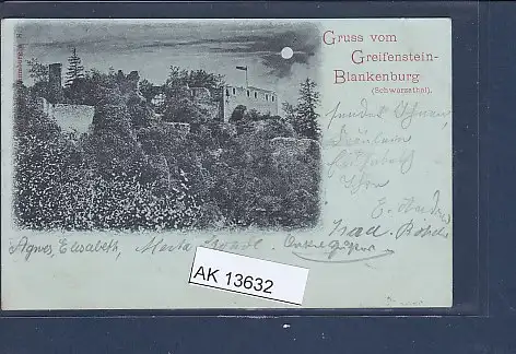 [Ansichtskarte] Mondschein AK Gruss vom Greifenstein Blankenburg ( Schwarzahal) 1898. 