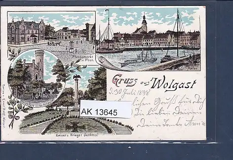 [Ansichtskarte] AK Litho Gruss aus Wolgast 4.Ansichten Pferdemarkt - Hafen 1898. 