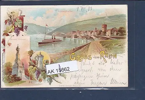 [Ansichtskarte] AK Litho Gruss vom Rhein 2.Ansichten Rüdesheim - National Denkmal 1901. 