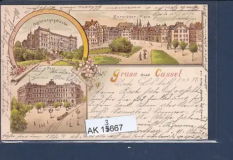 [Ansichtskarte] AK Litho Gruss aus Cassel 3.Ansichten Regierungsgebäude - Marstätter Platz 1902. 