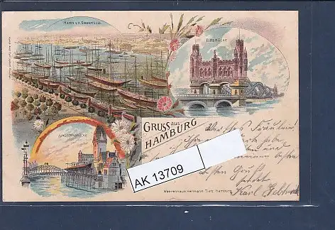 [Ansichtskarte] AK Litho Gruss aus Hamburg 3.Ansichten Hafen v.d. Seewarte ges. - Elbbrücke 1900. 