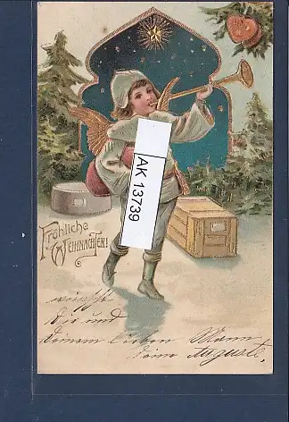 [Ansichtskarte] Präge AK Fröhliche Weihnachten Engel Trompete spielend 1903. 