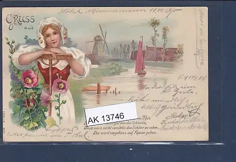 [Ansichtskarte] AK Gruss aus Frau mit Rechen mit Windmühle und Segelboot 1900. 