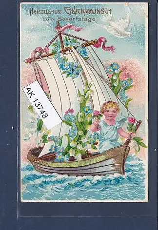 [Ansichtskarte] Präge AK Herzlichen Glückwunsch zum Geburtstage Segelboot mit Blumen 1900. 