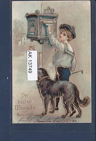 [Ansichtskarte] Präge AK Die besten Wünsche zum Geburtstage Junge mit Hund am Briefkarten 1909. 