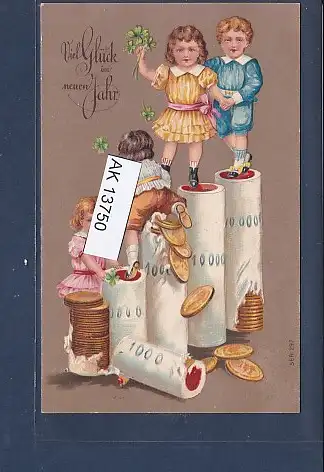 [Ansichtskarte] Präge AK Viel Glück im neuen Jahr Kinder mit Geld 1908. 