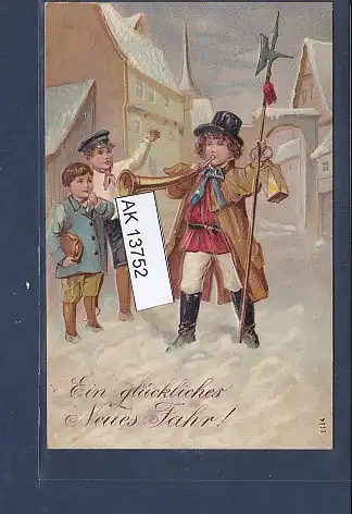 [Ansichtskarte] Präge AK Ein glückliches Neues Jahr! Nachtwächter mit Kindern 1908. 