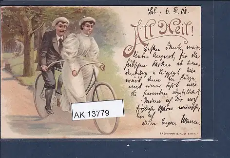 [Ansichtskarte] AK All Heil Paar auf einem Tandem Fahrrad 1901. 