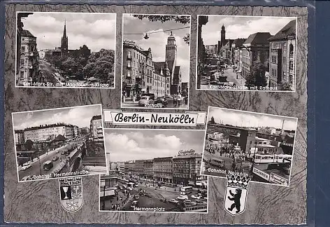 [Ansichtskarte] AK Berlin Neukölln 6.Ansichten Karl Marx Str. mit Magdalenen Kirche - S Bahnhof Hermannstraße - s Bahnhof Neukölln 1960. 