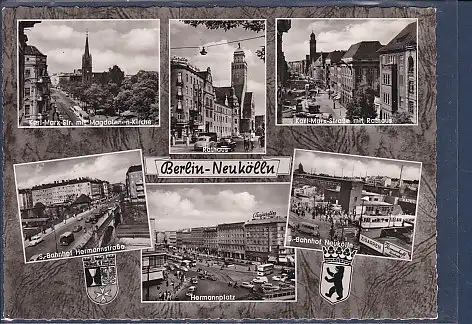 [Ansichtskarte] AK Berlin Neukölln 6.Ansichten Karl Marx Str. mit Magdalenen Kirche - S Bahnhof Hermannstraße - S Bahnhof Neukölln 1960. 