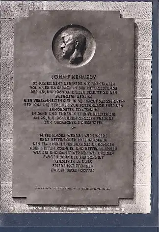 [Ansichtskarte] AK Berlin Gedenktafel John F. Kennedy am Rathaus Schöneberg 1960. 
