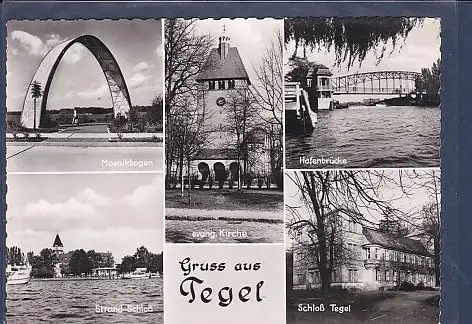 [Ansichtskarte] AK Gruss aus Tegel 5.Ansichten Hafenbrücke - Strand Schloß - Schloß Tegel 1960. 