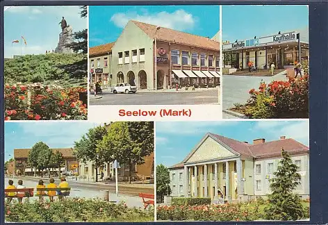 [Ansichtskarte] AK Seelow ( Mark) 5.Ansichten Gedenkstätte der Befreiung - Konsum Kaufhalle - Puschkinplatz 1988. 