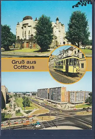 [Ansichtskarte] AK Gruß aus Cottbus 3.Ansichten Theater - Straßenbahn - Stadtring 1989. 