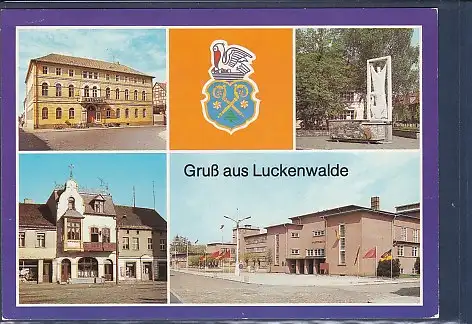 [Ansichtskarte] AK Gruß aus Luckenwalde 4.Ansichten Ehrenhain - Pelikan Apotheke - Kulturhaus Stadttheater 1986. 