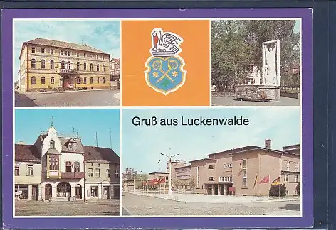 [Ansichtskarte] AK Gruß aus Luckenwalde 4.Ansichten Ehrenhain - Pelikan Apotheke - Kulturhaus Stadttheater 1986. 