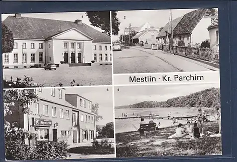 [Ansichtskarte] AK Mestlin Kr. Parchim 4.Ansichten Kulturhaus - Fritz Reuter Straße - Konsum Gaststätte Jägereck 1987. 