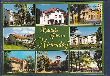 [Ansichtskarte] AK Herzliche Grüße aus Michendorf 8.Ansichten Potsdamer Straße - Post Agentur - Bahnhof - TRYP Hotel 1990. 