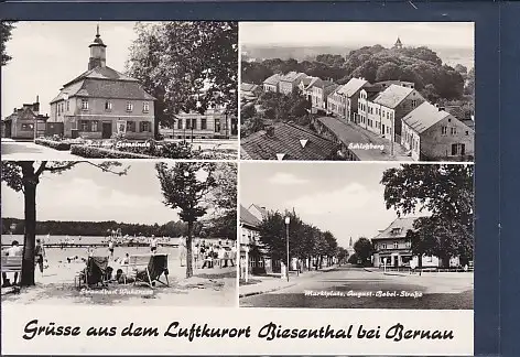 [Ansichtskarte] AK Grüsse aus dem Luftkurort Biesenthal bei Bernau 4.Ansichten Strandbad Wukensee - Marktplatz August Bebel Straße 1969. 