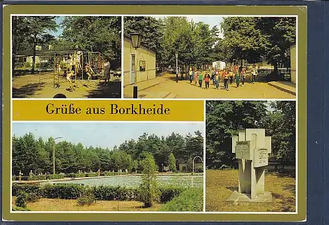 [Ansichtskarte] AK Grüße aus Borkheide 4.Ansichten Kindergarten - Kinderferienlager - Freibad 1988. 
