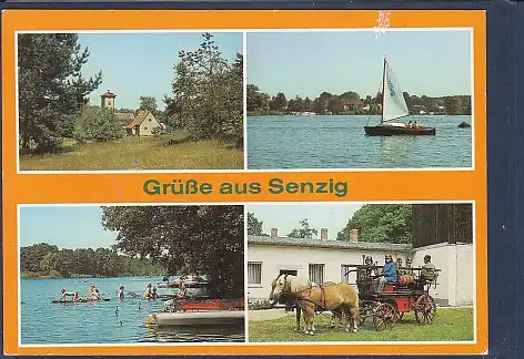 [Ansichtskarte] AK Grüße aus Senzig 4.Ansichten Badestelle am Krüpelsee - Senziger historische Feuerwehr 1990. 