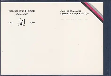 [Ansichtskarte] AK Berliner Burschenschaft Germania 1862-1962 Berlin 33 ( Grunewald) Lynarstr. 21. 