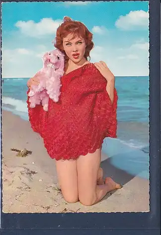 [Ansichtskarte] AK Erotik Frau kniend am Strand mit Kuscheltier. 