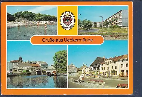 [Ansichtskarte] AK Grüße aus Ueckermünde 4.Ansichten Am Haffbad - Neubauten in der Haffstraße - Am Hafen 1987. 