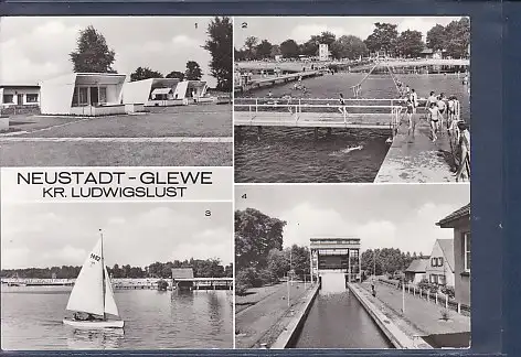 [Ansichtskarte] AK Neustadt Glewe Kr. Ludwigslust 4.Ansichten Bungalowsiedlung - Bad - Schleuse 1980. 