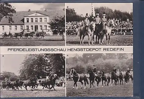 [Ansichtskarte] AK Pferdeleistungsschau Hengstdepot Redefin 4.Ansichten Sechserzug vor dem Hauptgebäude des Hengstdepot - Schillsche Husaren 1973. 
