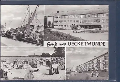 [Ansichtskarte] AK Gruß aus Ueckermünde 4.Ansichten Hafen - Max Matern Oberschule - Neubauten - Haffbad 1983. 
