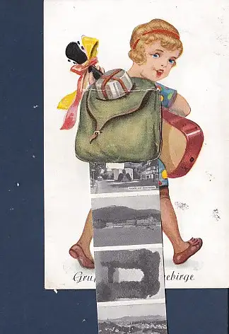 [Ansichtskarte] AK Liporello Gruß vom Siebengebirge Mädchen mit Gitarre und Rucksack 10.Ansichten 1950. 