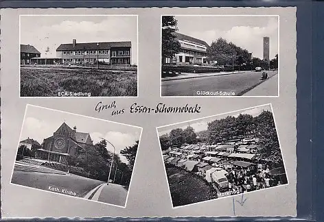 [Ansichtskarte] AK Gruß aus Essen-Schonnebeck 4.Ansichten ECA Siedlung - Glückauf Schule - Kath. Kirche - Markttag 1962. 