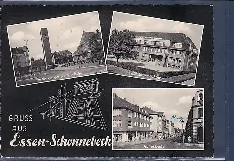 [Ansichtskarte] AK Gruss aus Essen-Schonnebeck 3.Ansichten Partie an der kath Kirche - Glückauf Schule - Huhestraße 1962. 
