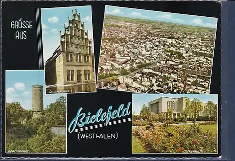 [Ansichtskarte] AK Grüsse aus Bielefeld ( Westfalen) 4.Ansichten Crüwellhaus - Luftbild - Sparrenburg - Oetkerhalle 1962. 