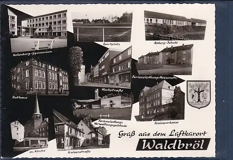[Ansichtskarte] AK Gruß aus dem Luftkurort Waldbröl 10.Ansichten Hallenberg Gymnasium - Sportplatz - Alsberg Schule - Kreissparkasse 1960. 