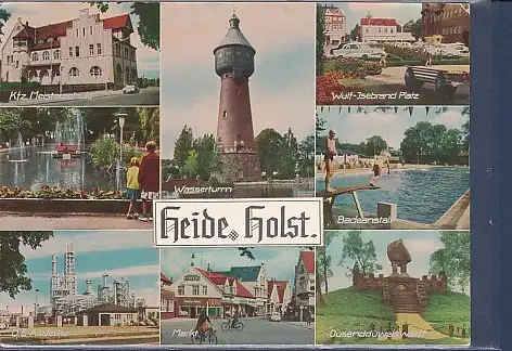 [Ansichtskarte] AK Heide Holst. 8.Ansichten Kfz. Meisterschule - Wulf Isebrand Platz - O.E.A. Werke - Badeanstalt 1970. 
