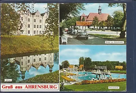 [Ansichtskarte] AK Gruß aus Ahrensburg 3.Ansichten Kirche mit Gottesbuden - Schloß - Schwimmbad 1977. 