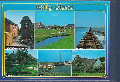 [Ansichtskarte] AK Hallig Oland 6.Ansichten Leuchtturm - Lorendamme - Feething - Hafen 1980. 