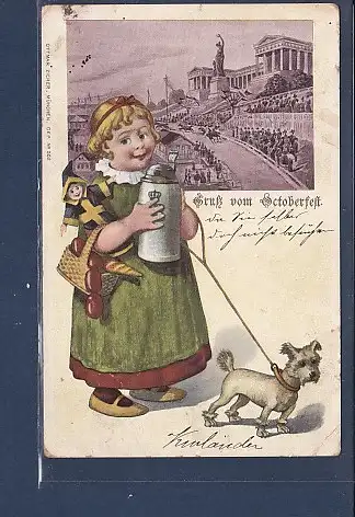 [Ansichtskarte] Litho AK Gruß vom Octoberfest ( Mädchen mit Bierkrug und Bavaria) 1906. 