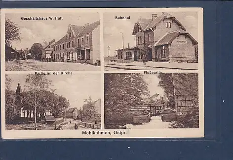 [Ansichtskarte] AK Mehlkehmen Ostpr. 4.Ansichten Geschäftshaus W. Hütt - Bahnhof - Partie an der Kirche - Flußpartie 1954. 