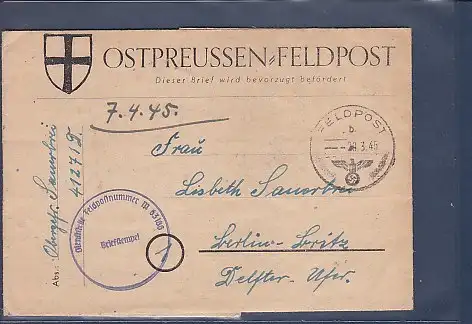 [Ansichtskarte] Ostpreussen Feldpost Brief 1945. 