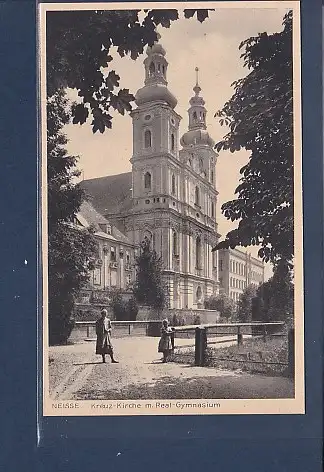 [Ansichtskarte] AK Neisse Kreuz Kirche m. Real Gymnasium 1930. 