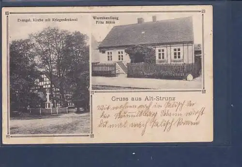 [Ansichtskarte] AK Gruss aus Alt - Strunz 2.Ansichten Evangel. Kirche mit Kriegerdenkmal - Warenhandlung Fritz Böhm 1934. 
