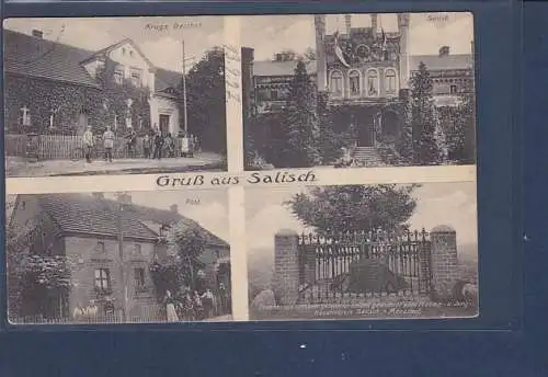 [Ansichtskarte] AK Gruß aus Salisch 4.Ansichten Krugs Gasthof - Schloß - Post - Gedenkstein 1927. 