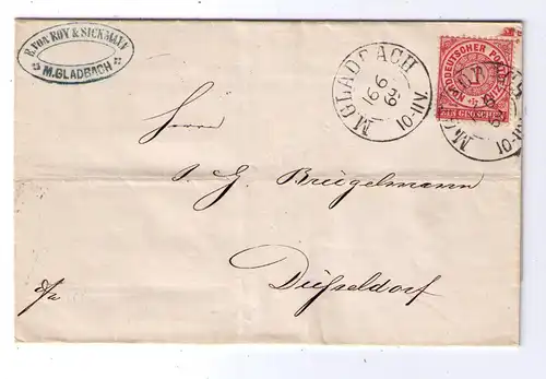 NDP Norddeutscher Bund - M.GLADBACH 16.6.1869 - Nachverwendung Pr2185 / Firmenstempel "E. von ROY & SICKMANN"