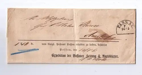 Altdeutschland Bayern 1865 - Postvorschuss von der "Expedition der Passauer Zeitung & Amtsblätter" HKS PASSAU 24/5 - gelaufen nach ARNSTORF